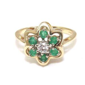 14K Yellow Gold Ring Size 5.75 Natural Emerald Diamond Flower Halo
